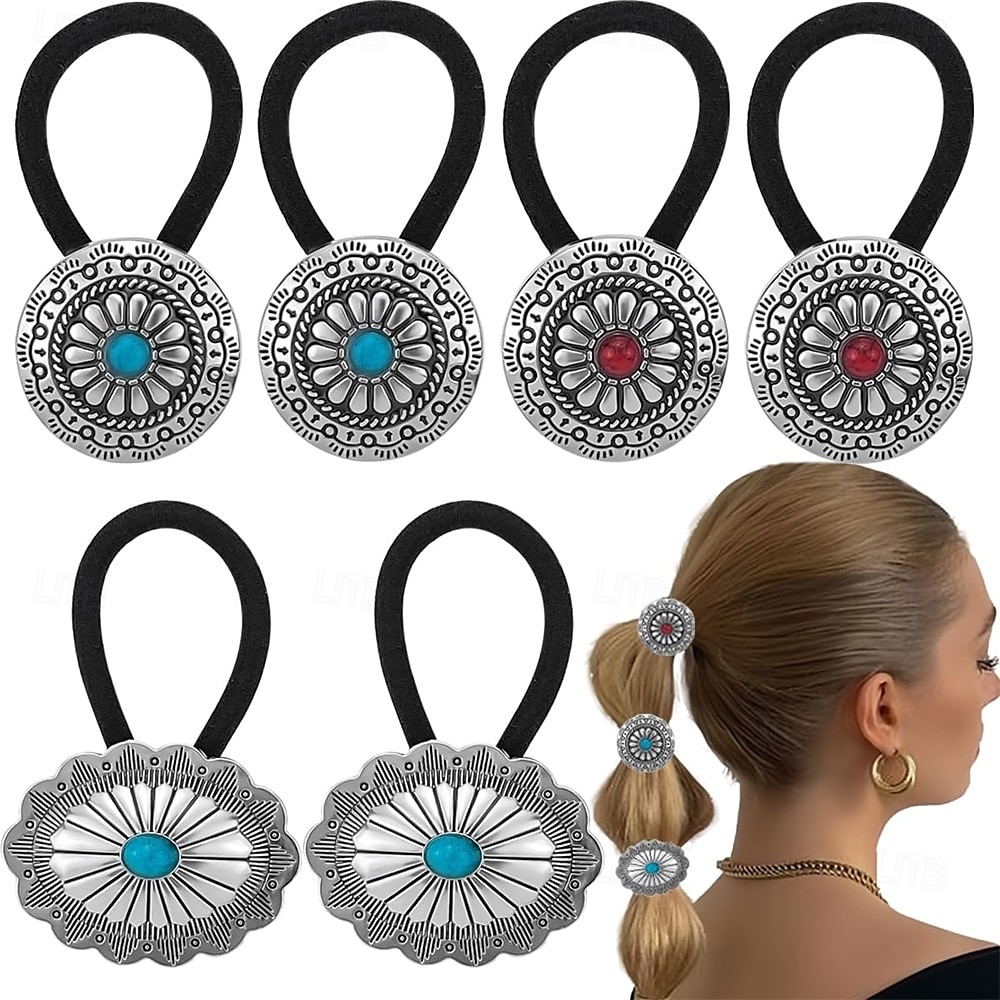 6 pezzi di elastici per capelli in metallo in stile western, elastici per capelli boho, elastici per capelli circolari a forma di fiore di zucca vintage, fasce per capelli con fiori di zucca turchese del 2025 a $12.49 –P1