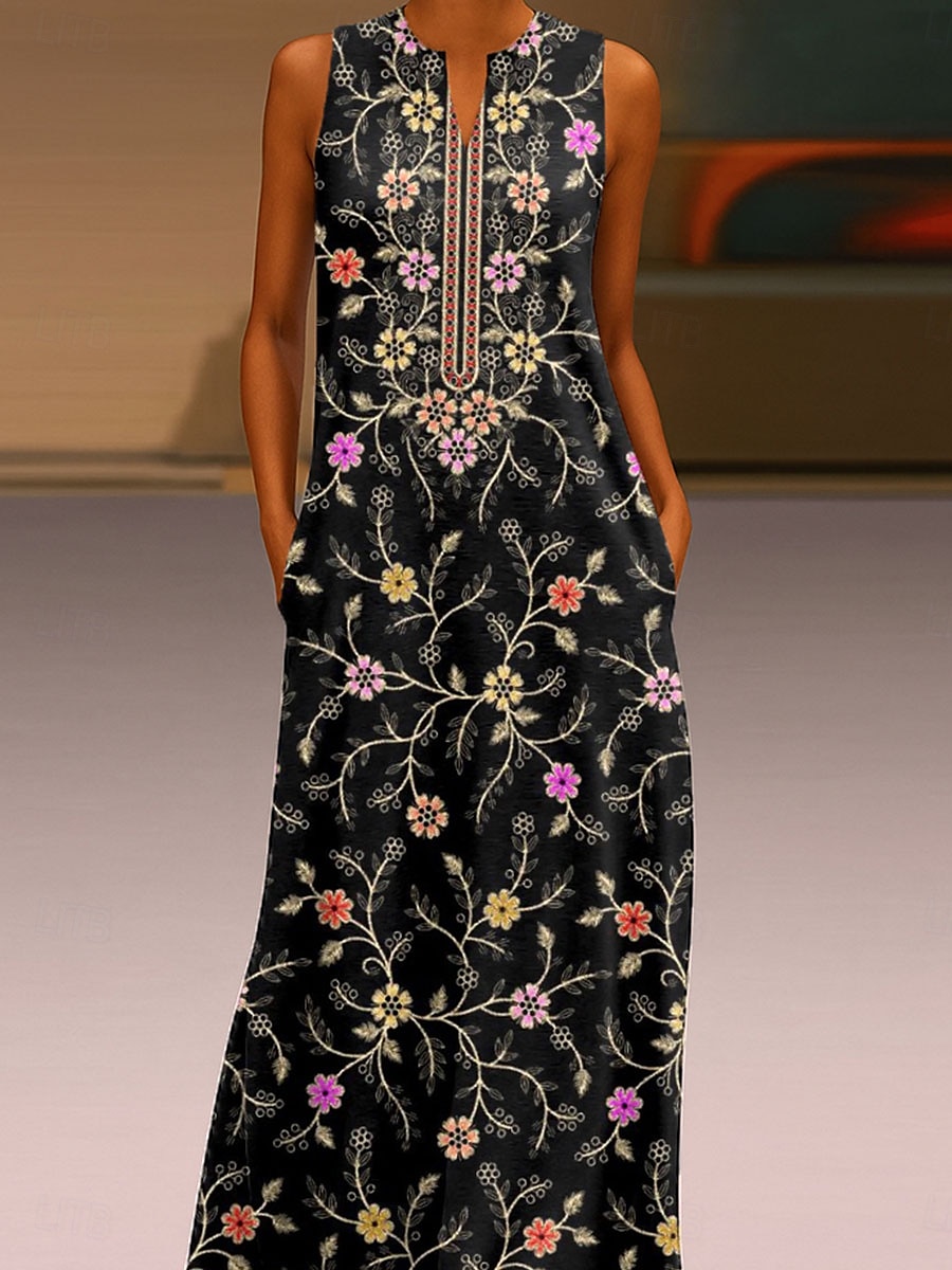 Damen Maxikleid Sommerkleid A Linie Kleid Urlaub Lässig Boho Täglich Ferien Normale Passform Blumen Grafik Ärmellos V Ausschnitt Schwarz Sommer 2025 - $36.99 –P2