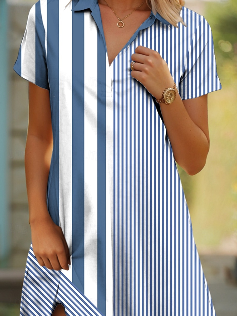 Damskie Sukienka midi Sukienka A line Letnie sukienki Urlop Codzienny Styl plażowy Randka Letnia sukienka Regularny Graficzny Prążki Krótki rękaw Klapa Jasnobrązowy Niebieski Zielony Lato 2025 - $32.99 –P3