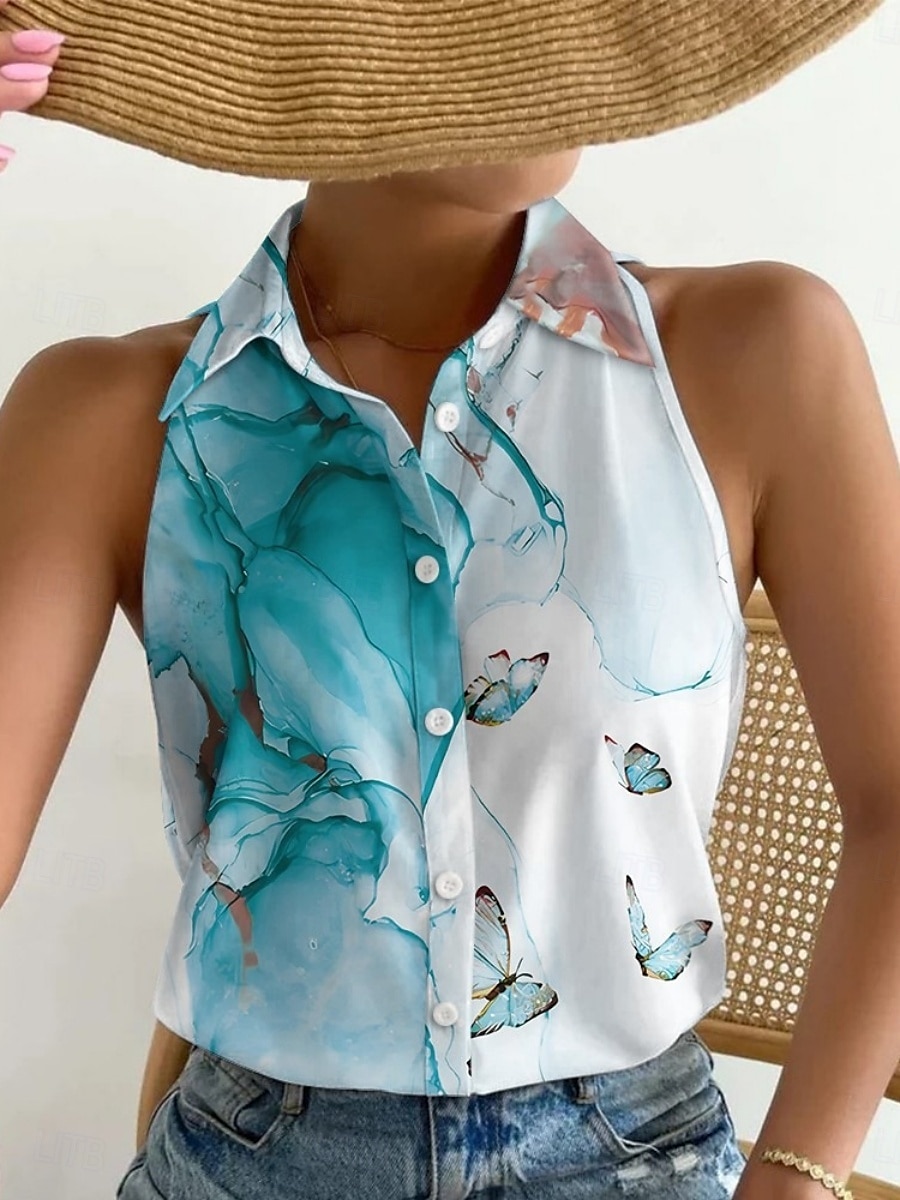 Dames Overhemd Grafisch Kleurenblok Stijlvol Casual Mouwloos Overhemdkraag Normale tops Dagelijks Knop Afdrukken Zwart Marineblauw blauw Regenboog Zomer 2025 - $15.99 –P1