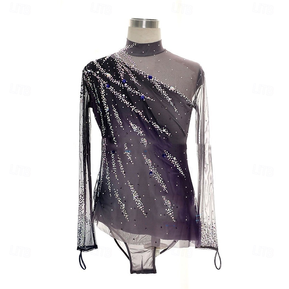 2026年 フィギュアスケート用トップス 男性用 男の子 アイススケート トップス ダークグレー パッチワーク スパンデックス 高弾性 訓練 競技大会 スケートウェア クラシック クリスタル・ラインストーン 長袖 アイススケート フィギュアスケート  コレクション – $271.59 –P1