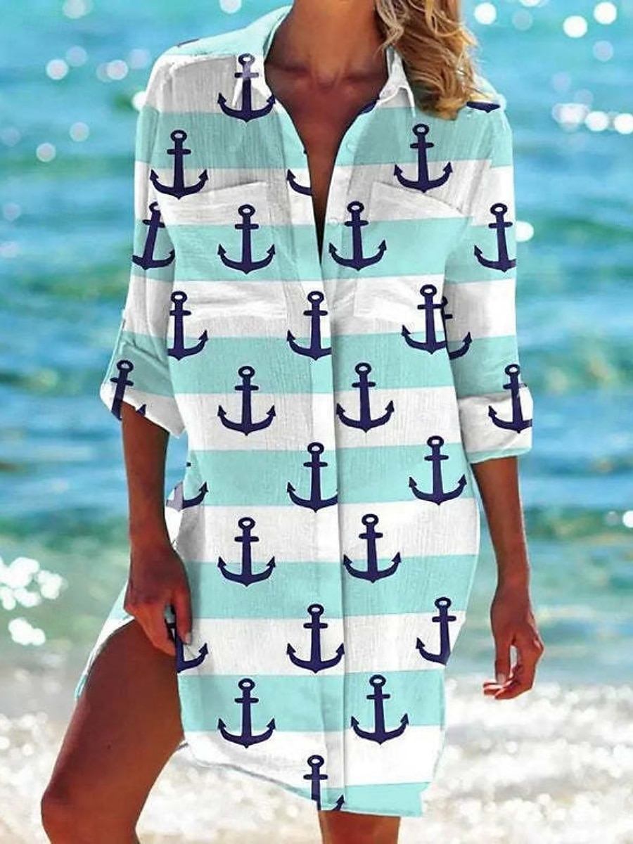Dam Mini klänning Skiftklänning Semester Ledigt Dagligen Strand Normal Grafisk Geometrisk Långärmad Tröjkrage Vit Rodnande Rosa Blå Himmelsblå Sommar Vår 2025 - $32.99 –P4
