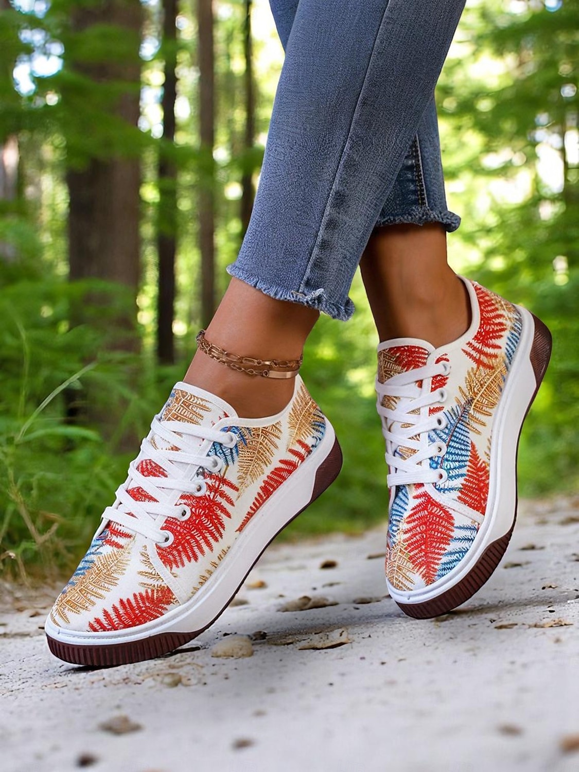 Färgglada damsneakers med lövtryck – avslappnade snörskor för naturälskande kvinnor, perfekta för promenader utomhus och vardagsbruk 2026 - $18.99 –P4