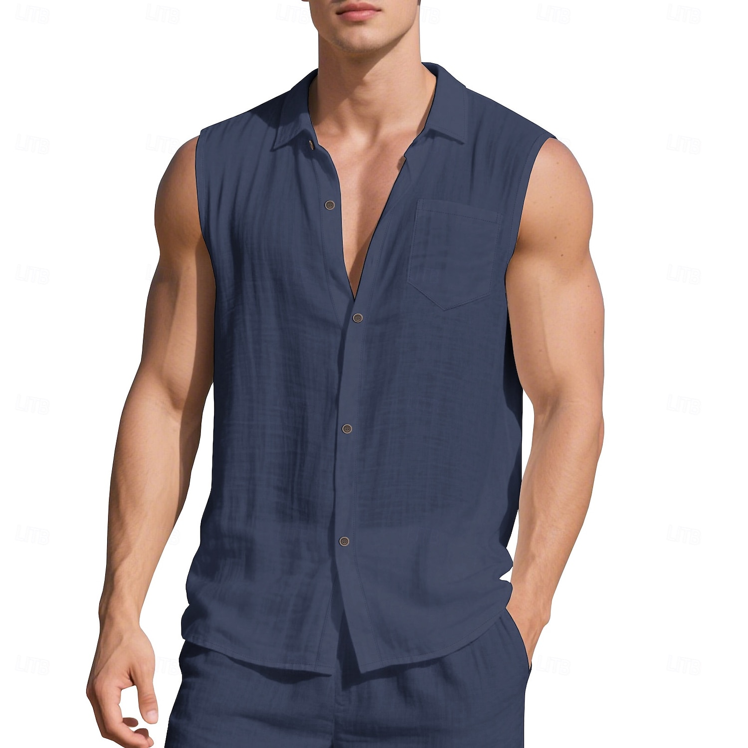 Men's Shirt Linen Shirt Summer Shirt Beach Wear Sleeveless Shirt Solid Color Vacation Street Black White Green Khaki Sleeveless Shirt Collar Summer Spring Clothing Apparel Pocket 2026 - $21.99 –P7