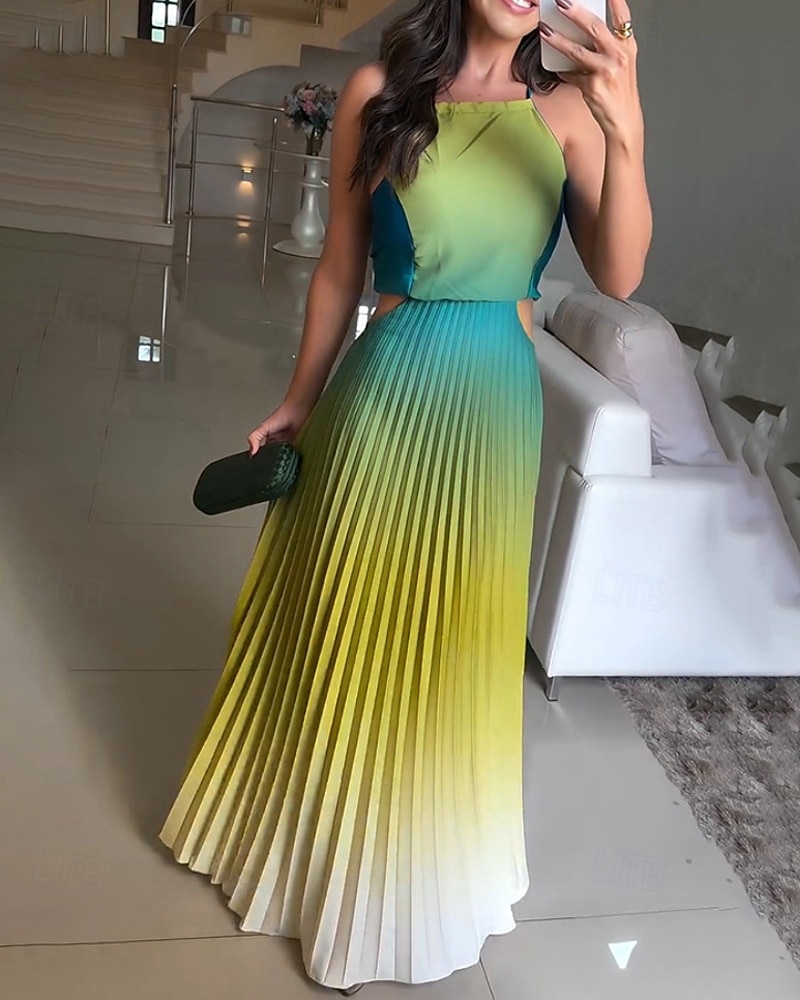 Femmes Robe Longue Maxi Robe Robe froncée Moderne Extérieur Vacances Fête Coupe régulière A Ombre Sans manches Col ras du cou Bleu Orange Vert Été de 2025 ? $25.99 –P2