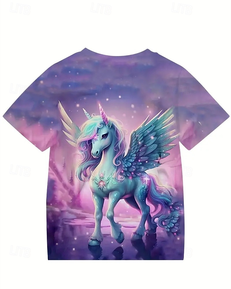 Dla dziewczynek 3D Jednorożec Podkoszulek T-shirt Krótki rękaw Lato Wiosna Moda Podstawowy Dzieci 4-12 lat Półgolf Na zewnątrz Codzienny Regularny 2025 - $11.99 –P3