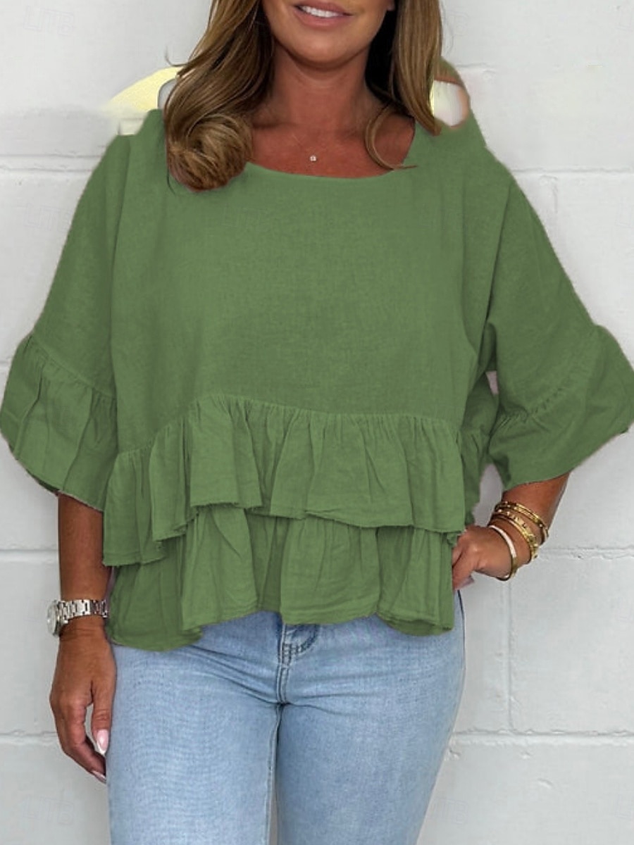 Dame Bluse Helfarge Stilfull Fritid 3/4 ermer Crew-hals Vanlige topper Daglig Drapering Svart Hvit Rosa Grønn Sommer Vår 2025 - $28.99 –P7