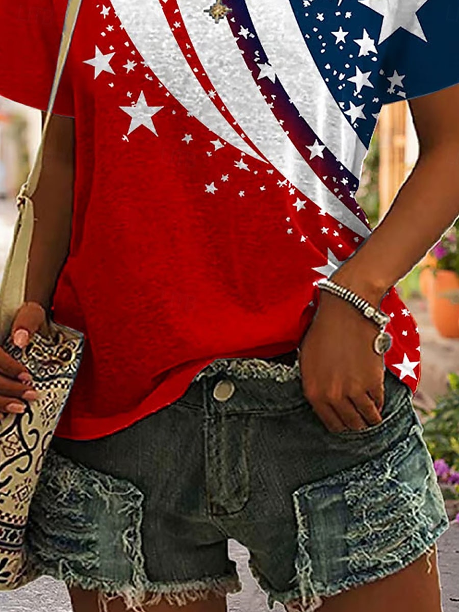 T-shirt patriote pour femmes pour le jour de l'indépendance graphique du drapeau vintage élégant décontracté à manches courtes col en V hauts réguliers quotidiens impression rouge été de 2026 ? $21.99 –P4