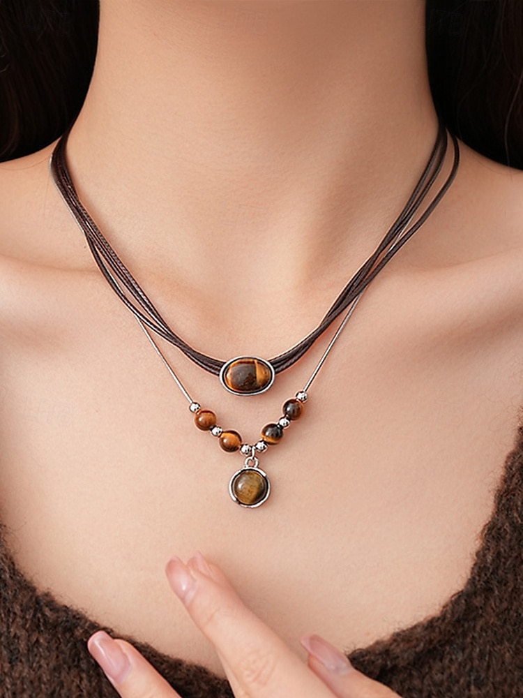 Ensemble de colliers et pendentifs en pierre œil de tigre double couche de style bohème pour femmes, matériau en pierre naturelle, adapté aux tenues décontractées, quotidiennes et de fête de 2025 ? $9.99 –P1