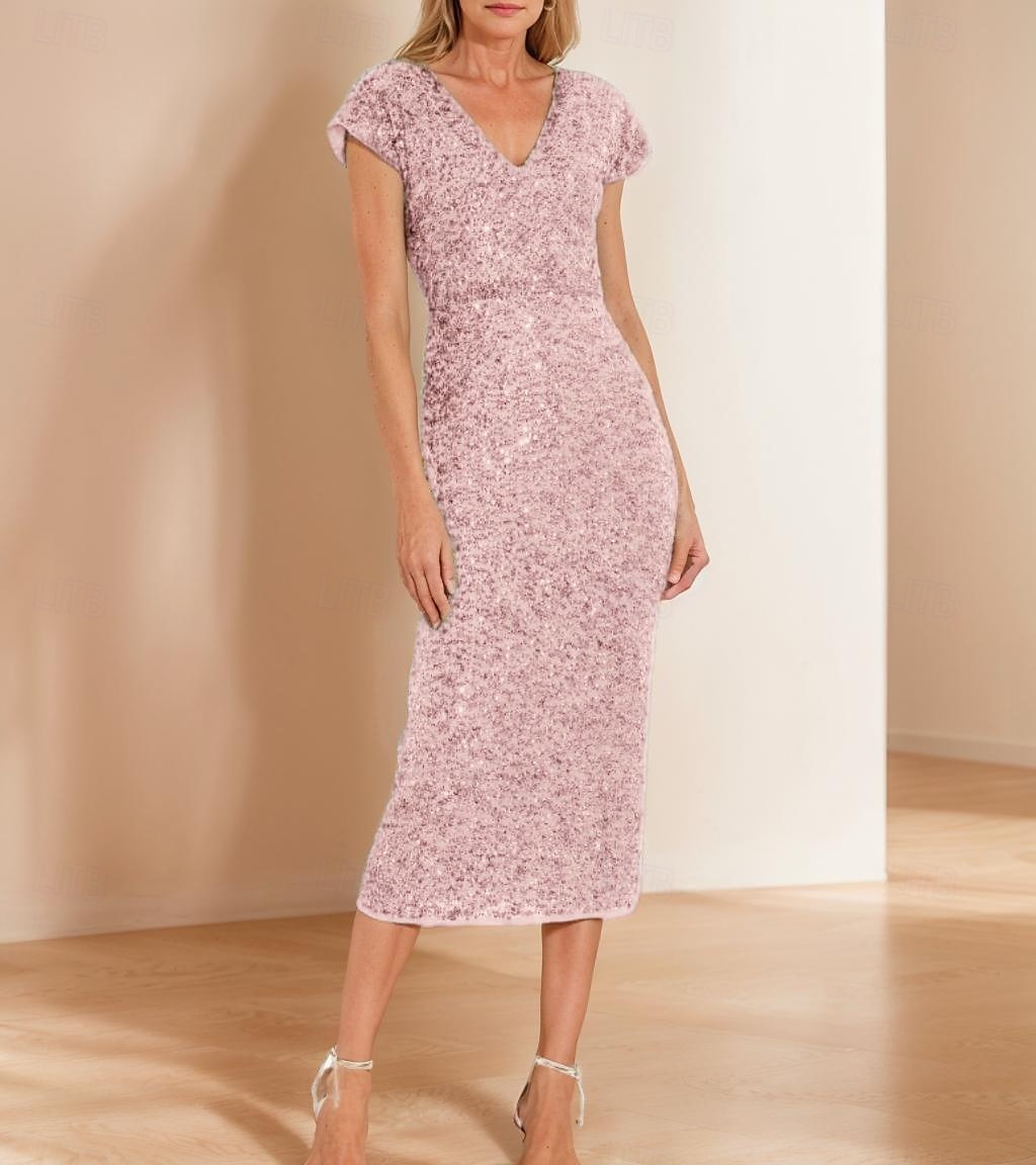 Robe fourreau/colonne en dentelle à paillettes vert bleu pour mère de la mariée, élégante, simple et luxueuse, col en V, longueur thé, longueur midi, tulle, manches courtes, 2025 de 2025 ? $149.99 –P5