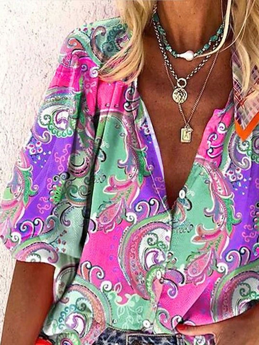 Dame Bluse Grafisk Paisly Fargeblokk Bohem Daglig Fritid 3/4 ermer Høyhalset Vanlige topper Knapper Trykt mønster Gul Lilla Oransje Sommer Vår 2025 - $34.99 –P2