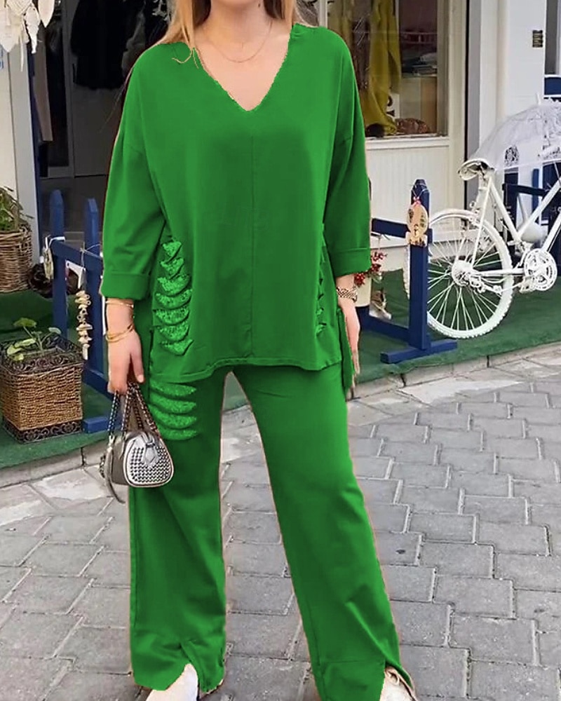 Pentru femei Activ Modă Cămăși Bumbac In Bluză Seturi de pantaloni Manșon Lung În V Culoare solidă Paiete Vacanță Casul / Zilnic Negru Alb Roșu-aprins Vară Fit regulat 2025 - $34.99 –P7