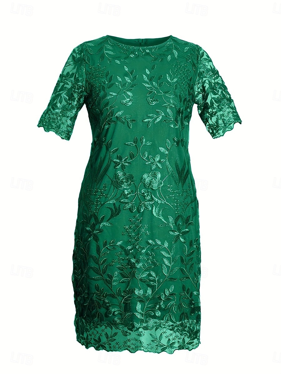 Plus Size Dress Mother of the Bride Curve Dress Elegant Crew Neck Tea Length Lace Short Sleeve with Solid Color 2025 - $49.99 –P10