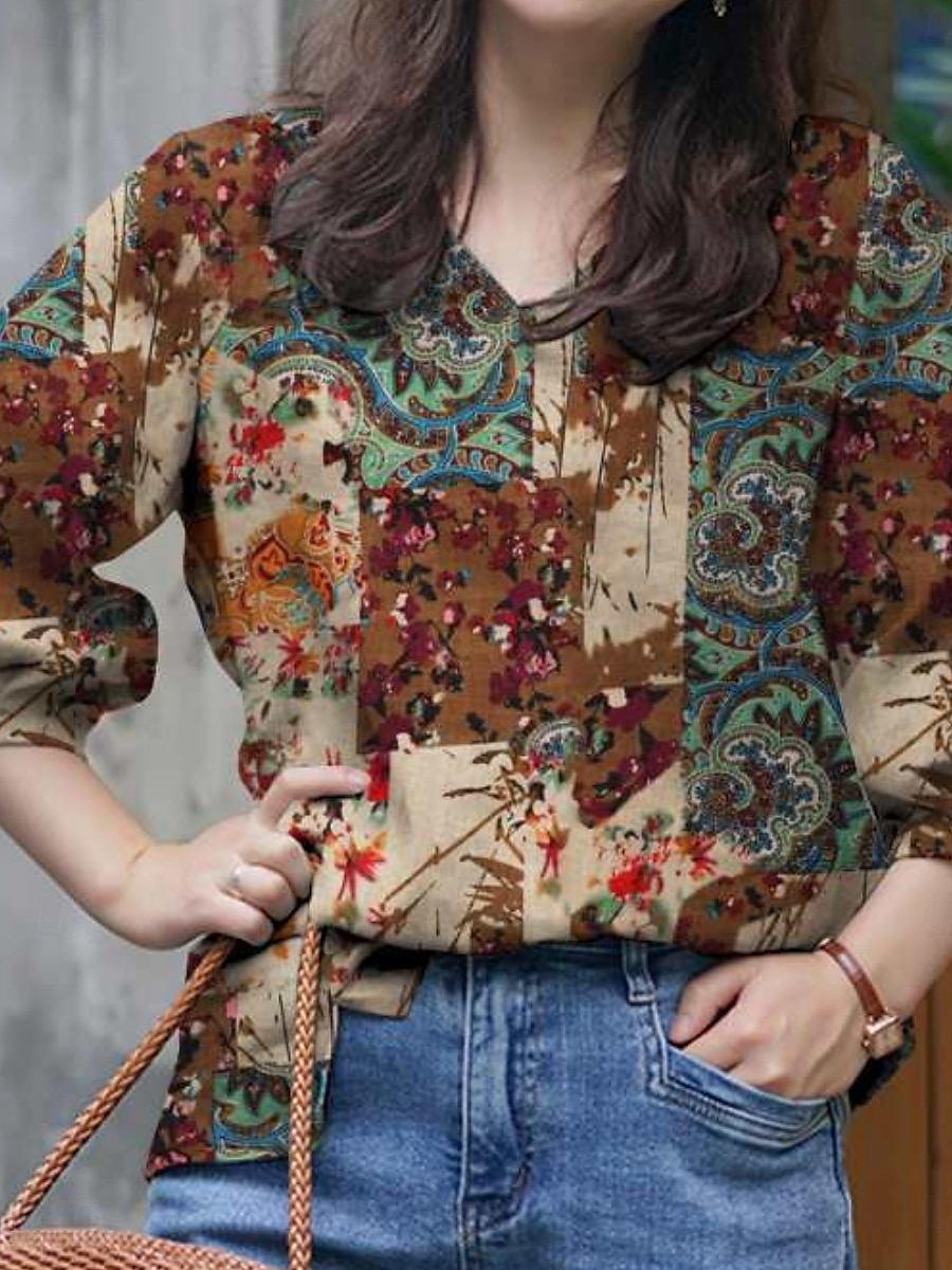 Dames Overhemd Bloemig Dagelijks Retro vintage Modern Lange mouw Overhemdkraag Normale tops Dagelijks Feestdagen Knop Afdrukken Rood blauw Khaki Zomer 2025 - $14.49 –P6