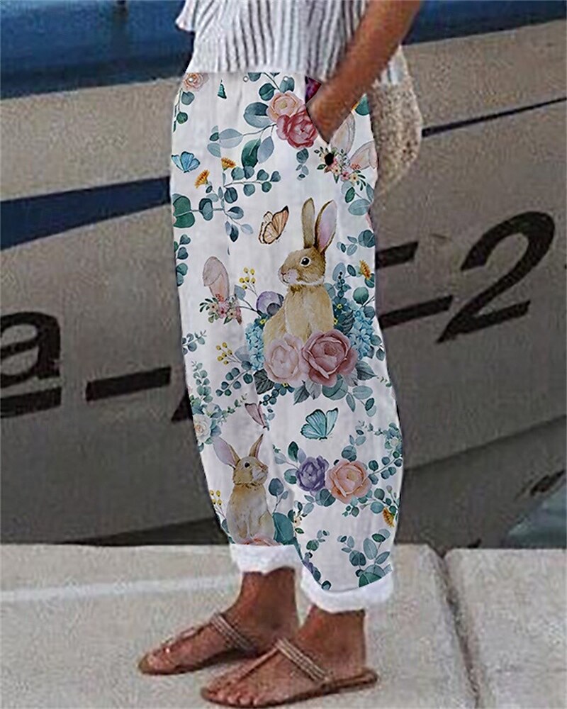 Mujer Pantalones inspirados en el lino Pantalones Harem Moda Boho Longitud total Media cintura Conejo Flor Cintura elástica Transpirable Cómodo Microelástico Calle Ropa Cotidiana Noche Azul Piscina 2025 - $28.99 –P1