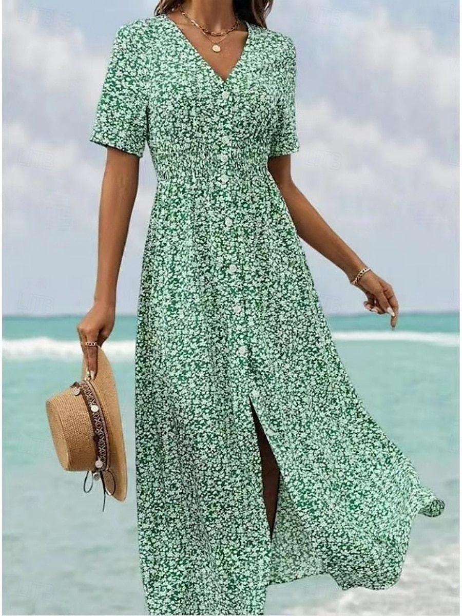 Femmes Robe maxi Robe trapèze Occasionnel Extérieur Sortir Coupe régulière Fleuri Manche Courte Col en V Bleu Vert Été de 2025 ? $39.99 –P4