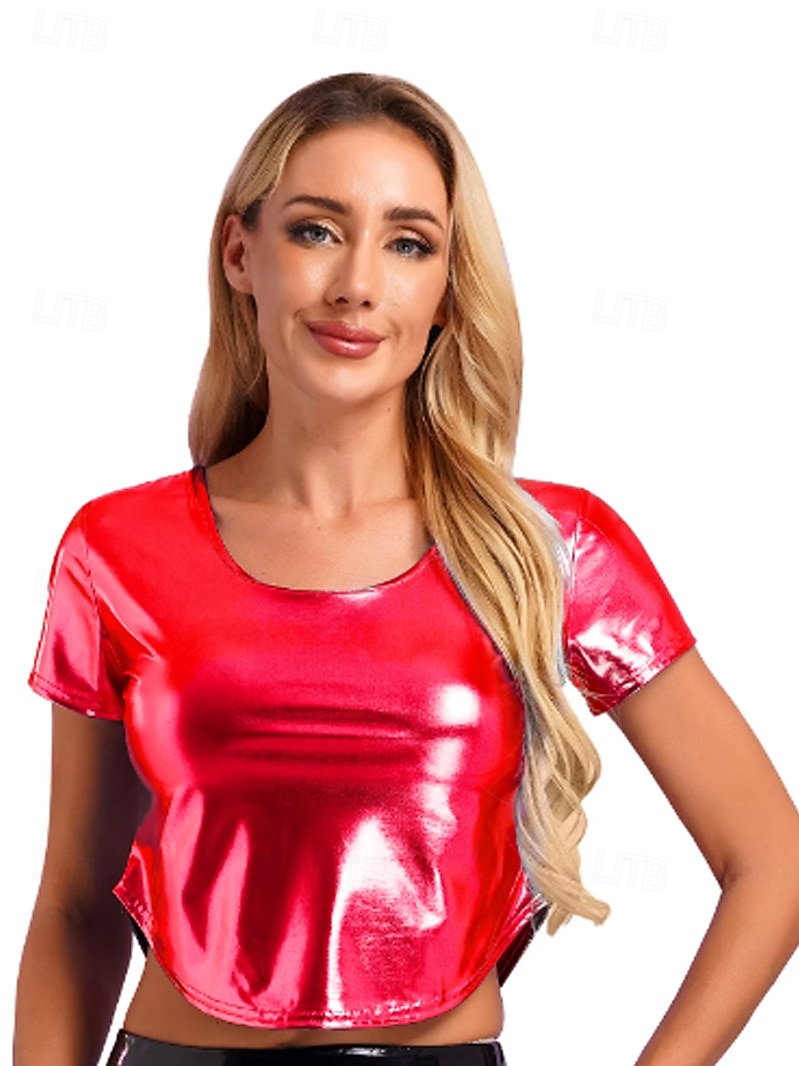 Retro 80. léta Trička Krátký top Disko Lesklý latexový patent Kov Maškarní kostým Dámské předvečer Všech svatých Karneval hudební festival Pride Parade Měsíc hrdosti Dospělé Tričko Léto 2025 - $22.99 –P16