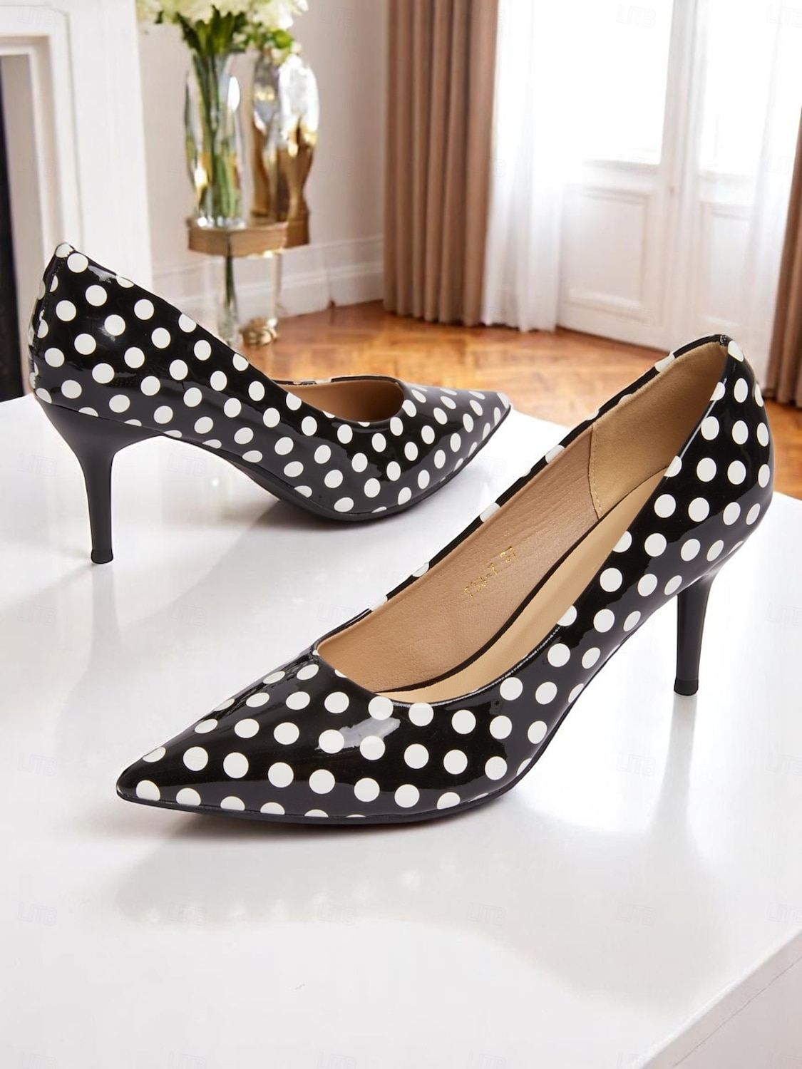 Damenpumps mit spitzer Zehenpartie und schwarzen und weißen Punkten, Lackleder-Kitten Heels fürs Büro, Partys im Retro-Stil der 1950er und Cocktail-Events 2025 - $29.99 –P3