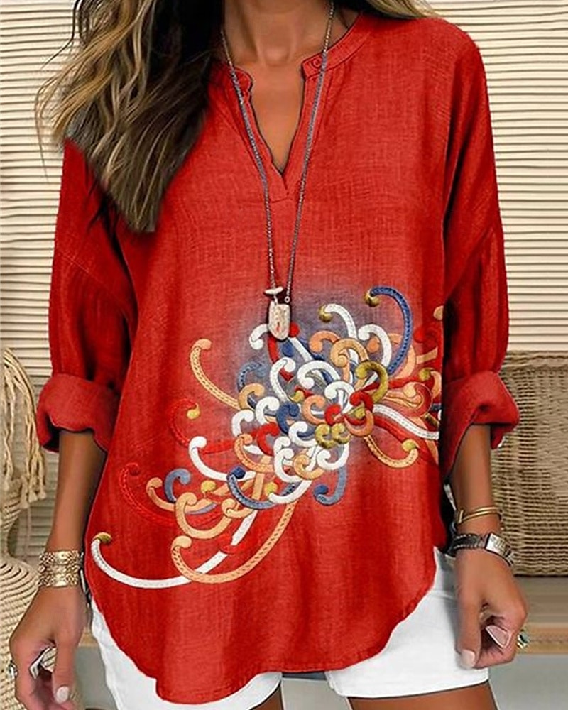 Dames Overhemd Bloem Dagelijks Stijlvol Basic Lange mouw V-hals Normale tops Dagelijks Feestdagen Afdrukken Zwart Wit Rood Lente Herfst 2025 - $16.49 –P3