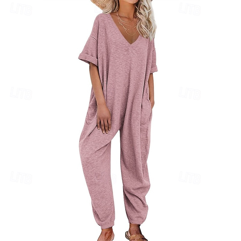 Női Szabályos Jumpsuitek Stílusos Tömör szín Féhosszú Háremnadrág V-alakú Zseb Utca Napi Normál Fekete Sárga Arcpír rózsaszín Nyár 2025 - $27.99 –P2