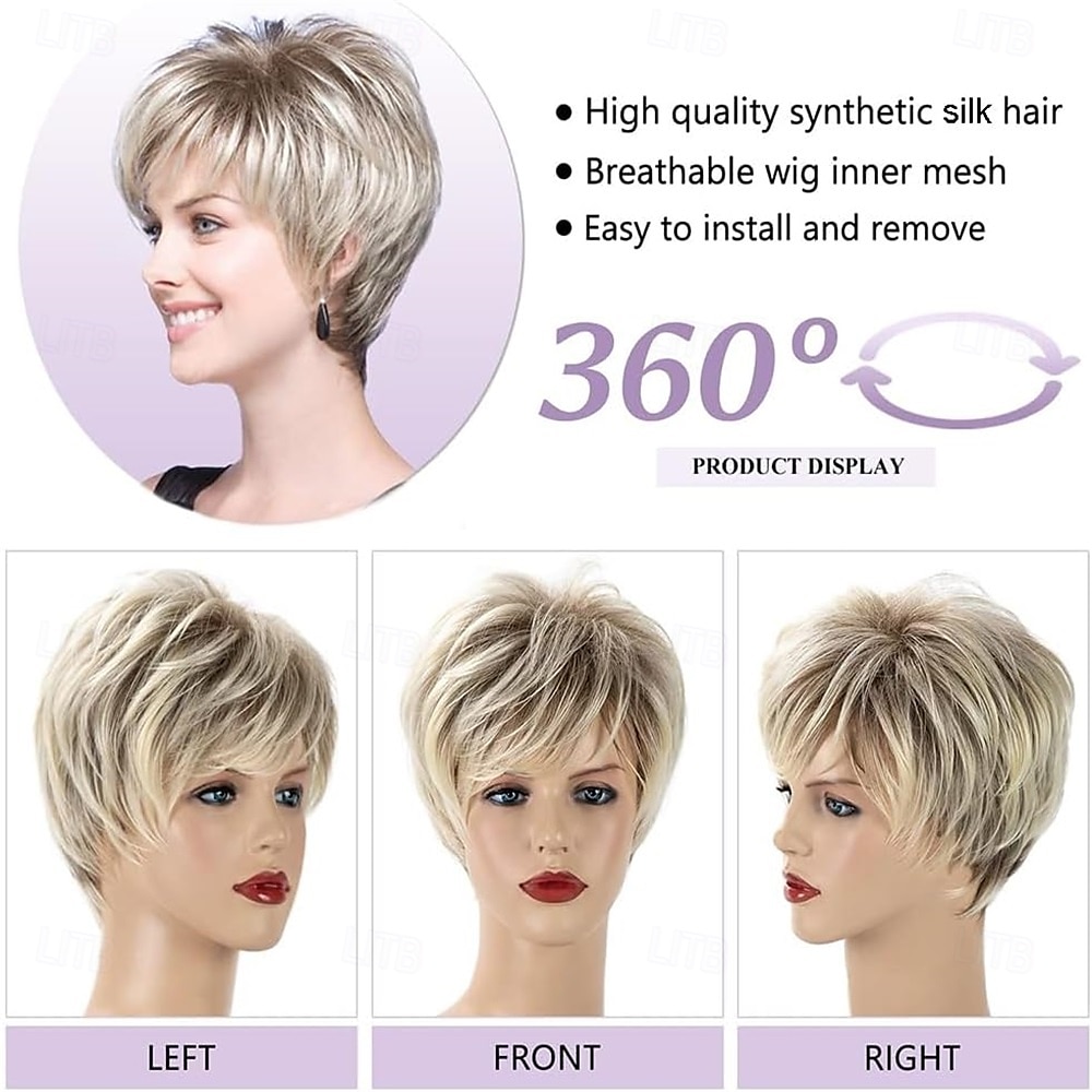 2025年 女性用ショートブロンドウィッグ、ピクシーカットウィッグ、前髪付き、レディースナチュラルレイヤード合成毛ウィッグ、ブロンドミックスホワイトウィッグ、普段使いの仮装アクセサリー、コスチューム、コスプレ、ハロウィンパーティーでの使用 コレクション – $25.99 –P4