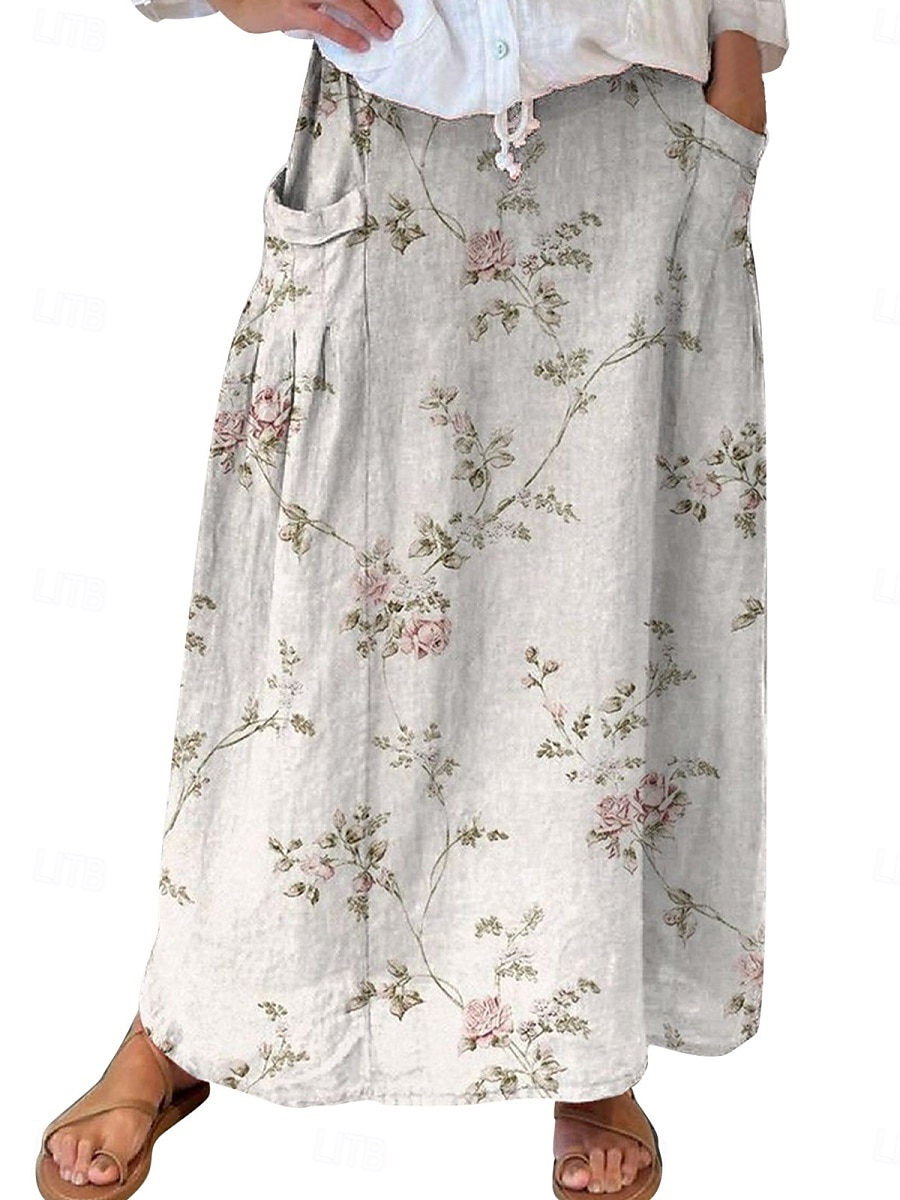 Dame الالتفاف A-linje Bohem Årgang Fritid Maksi Høy Midje Skjørt Blomster Lomme Trykt mønster Mikroelastisk Gate Daglig Hvit Blå Grønn Grå Sommer Polyester Bomullsblanding 2025 - $29.99 –P4