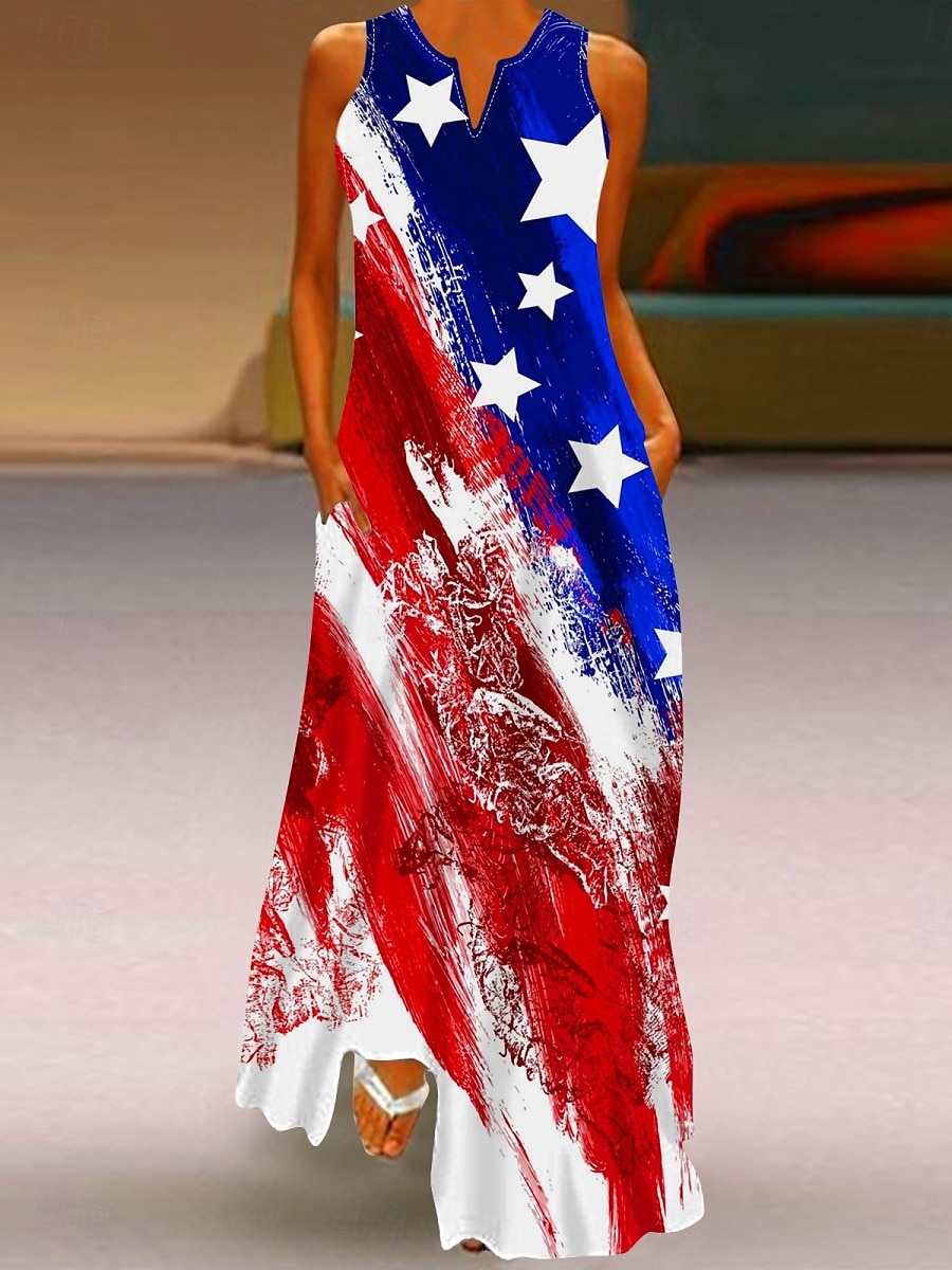 Independence Day Women's Patriotic Fourth of July Maxi Dress Shift Dress Summer Dress Casual Daily Holiday Regular Fit Flag Sleeveless Crew Neck Wine Red Navy Blue Blue Summer 2025 - $29.99 –P3