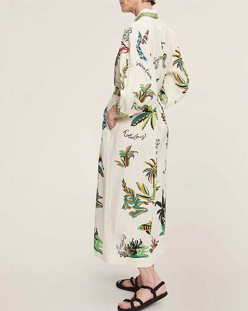 Femmes Robe Longue Maxi Robe Robes en coton et lin Robe Décontractée Mode Extérieur Soirée Fête Coupe régulière Fleur Manche 3/4 Col de chemise Vert Été de 2025 ? $42.99 –P3