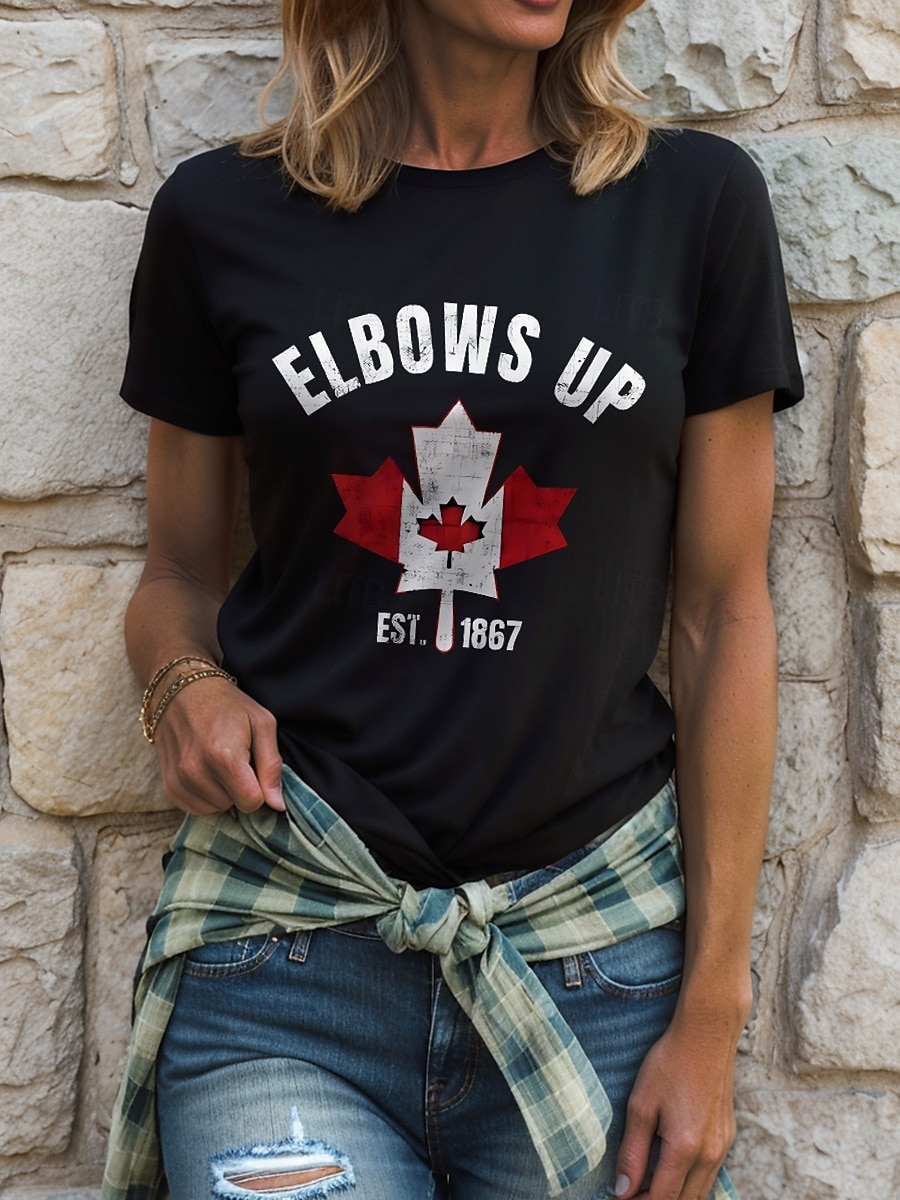 Canada Kvinners T-skjorte grafisk flagg bokstav vintage stilfull avslappet kort erme crew-hals rund hals vanlige topper daglig helg trykk svart og hvit hvit svart svart hvit rød 2025 - $19.99 –P5