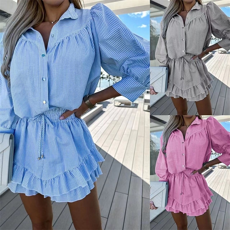Mulheres Moda Roupa de rua Camisas de algodão e linho Conjuntos de linho de algodão Conjuntos de shorts Manga Longa Colarinho de Camisa Listrado Imprimir Roupa Diária Encontro Rosa Azul Cinzento Verão de 2025 por $27.99 –P1