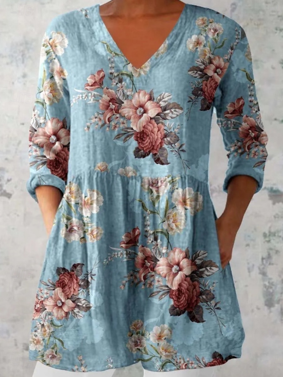 Women's Blouse Floral Graphic Bohemia Vintage Casual Long Sleeve V Neck Regular Tops Daily Going out Pocket Print Wine Blue Fuchsia Green Light Blue Summer 2025 - $29.99 –P4