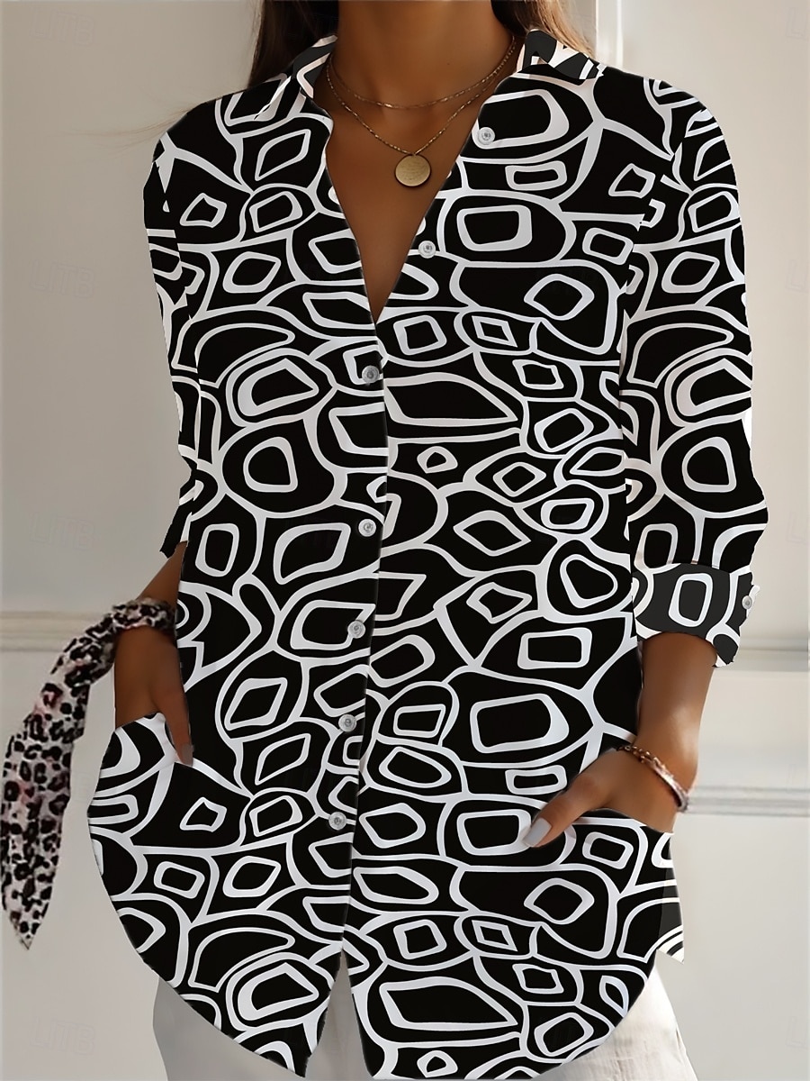 Femmes Chemises en coton et lin Géométrique Quotidien Occasionnel Manche 3/4 Col de chemise Hauts Réguliers Quotidien Fête Boutons Imprimé Noir Blanche Marron Vert Été de 2025 ? AU $30.79 –P4