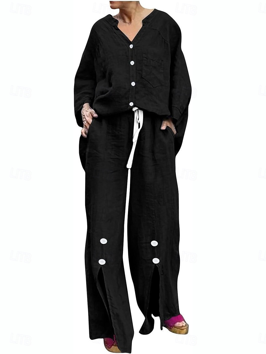 Femmes Actif Basique Ensembles en coton et lin manche longue Col en V Couleur Unie Décontracté Quotidien Noir Blanche Jaune Été Coupe régulière de 2025 ? $28.99 –P5