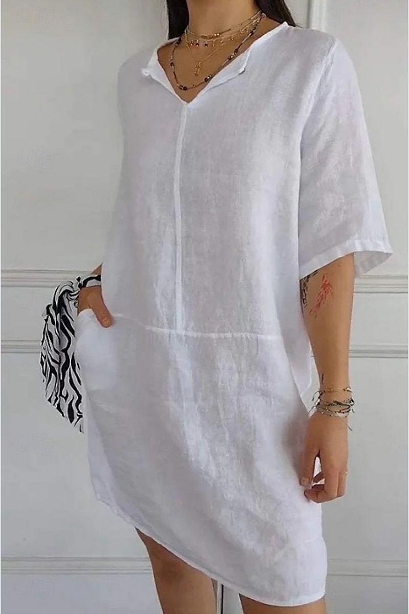 Femmes Mini Robe Robes en coton et lin Robe Décontractée Robe d'été Basique Moderne Quotidien Week-end Coupe régulière Uni Manche 3/4 Col en V Noir Blanche Marron Gris Été de 2025 ? $22.99 –P1