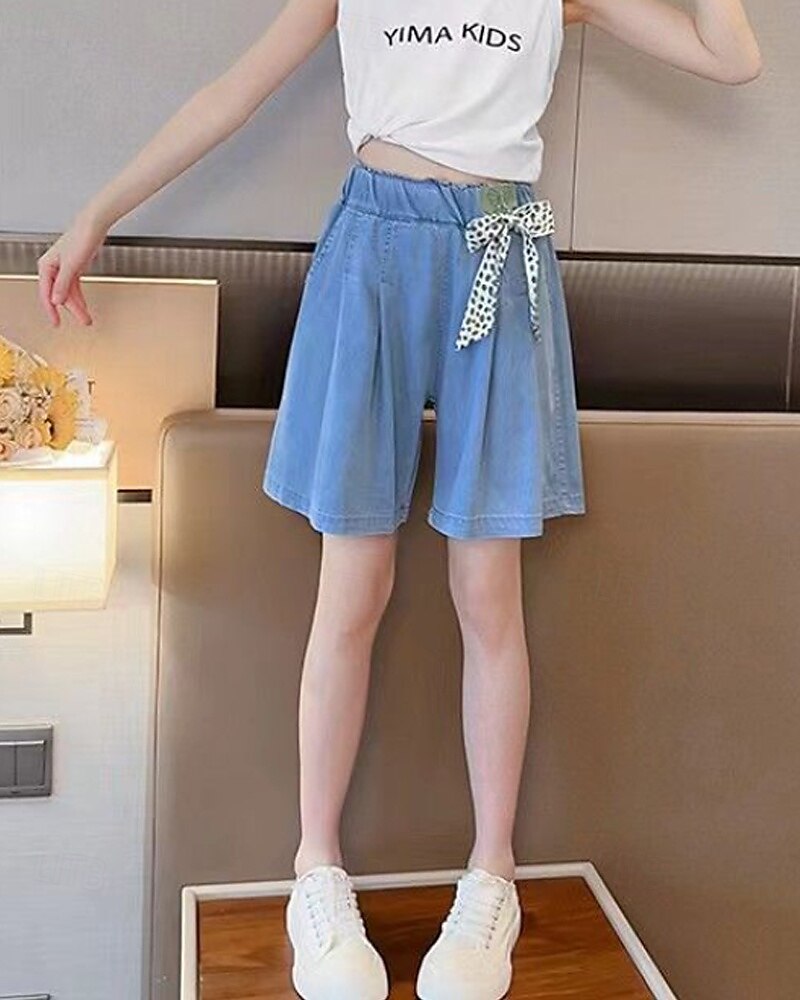 Bambini Ragazze Pantaloncini Tinta unica Streetwear Nodo da legare Scuola Dai 4 anni in su Estate Azzurro del 2025 a $11.49 –P3