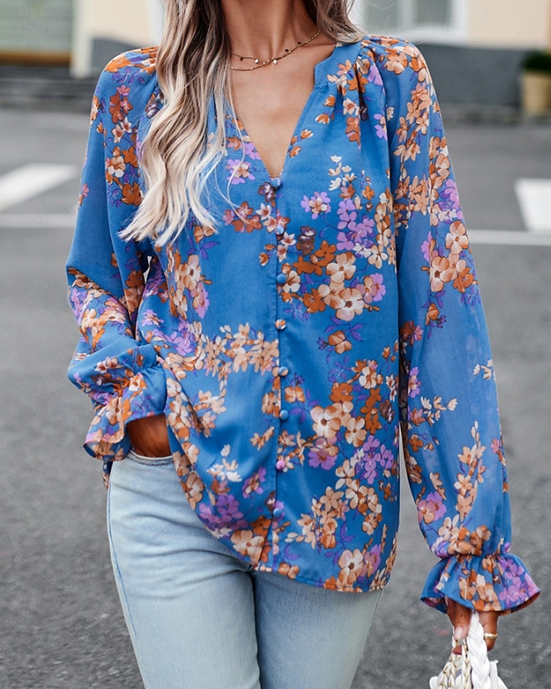 Femmes Chemise Bohème Chemisier Fleur Moderne Boho manche longue Col en V Hauts Réguliers Quotidien Sortir Imprimé Noir bleu marine Bleu Abricot Été de 2025 ? $26.99 –P14