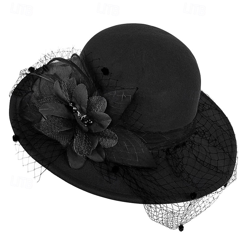 Vintage Fedora Bucket Hat with Removable Mesh Flowers Feathers Elegant Ladies Bowler Hat Winter Warm Wide Brim Church Derby Hat for Wedding Race Banquet 2025 - $23.99 –P3
