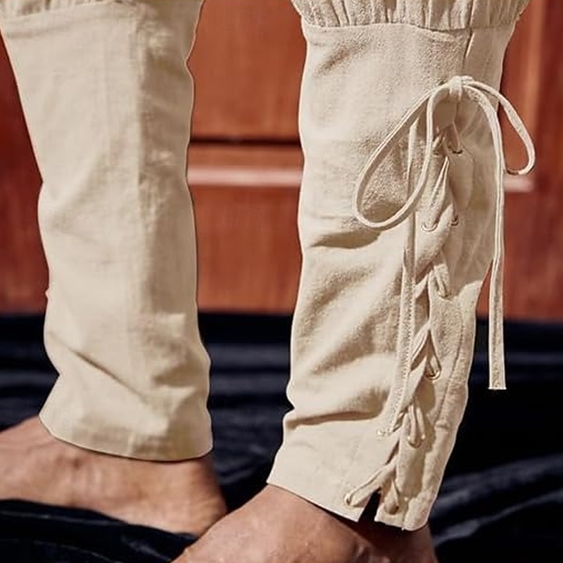 Homens Calças de linho Calças Calça verão Calça casual Calças Piratas Cintura elástica Perna Cordão Tecido Conforto Respirável Comprimento total Férias Festa Casual Estilo Étnico Retro Vintage Preto de 2025 por $22.99 –P8