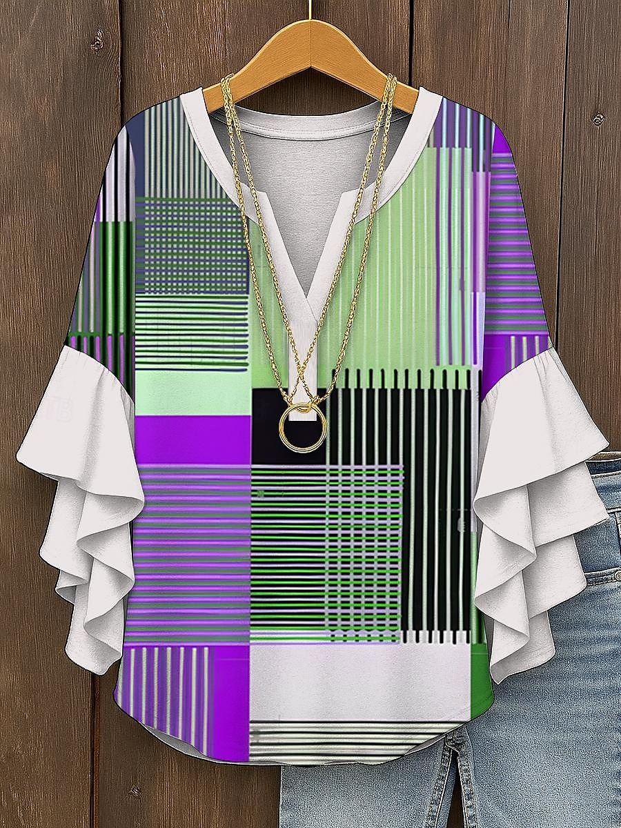 Damskie Bluzka Graficzny Geometryczny Kratka Zabytkowe Codzienny Elegancki Rękaw 3/4 W serek Zwykłe topy Codzienny Święto Ubrania wakacyjne Falbana Nadruk Żółty Czerwony Niebieski Fioletowy Zielony 2025 - $29.99 –P6