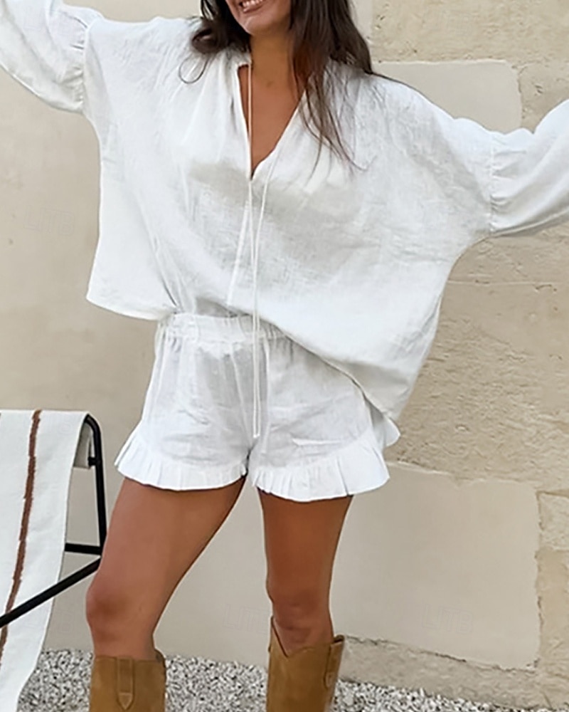Dames Actief Overhemd Blouse Shorts Sets Lange mouw V-hals Effen Kleur Met ruches Buiten Feestdagen Wit Blozend Roze Zwembad Zomer Normale pasvorm 2025 - $31.99 –P4