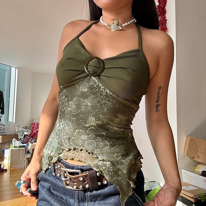 Pentru femei Cămașă Boho Bluză Floare Modern Boho Fără manșon Gâtul halter Topuri obișnuite Zilnic Concediu Ieșire Imprimeu Maro Trifoi Vară 2025 - $21.99 –P5