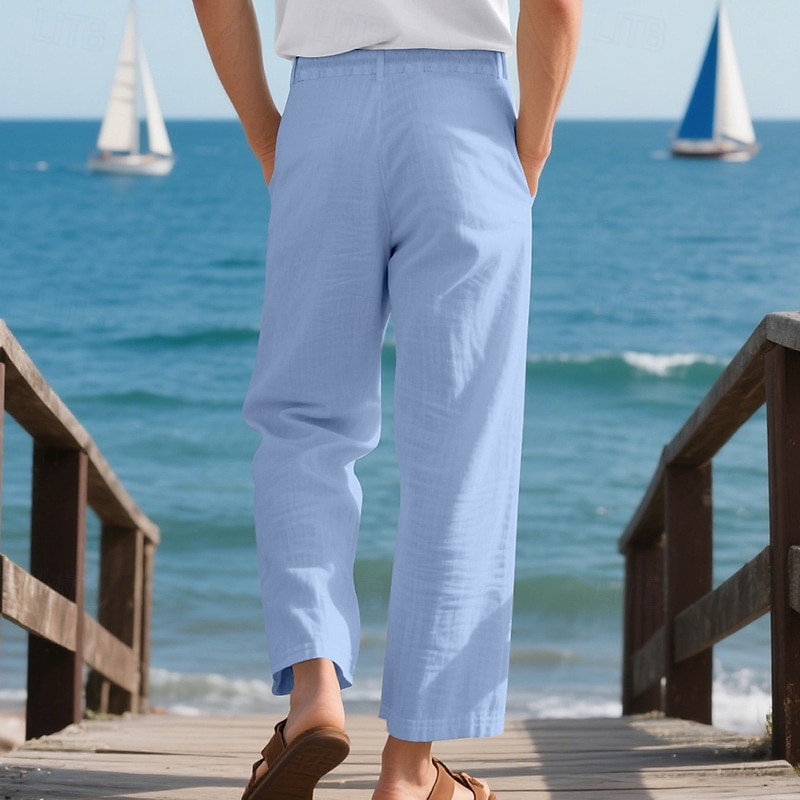 Herr Linne Byxor Långbyxor Sommarbyxor Strandbyxor Ficka Snörning Elastisk midja Slät Komfort Andningsfunktion Semester Dagligen Helgdag Hawaiisk Boho Ljus kaki Svart 2025 - $22.99 –P19