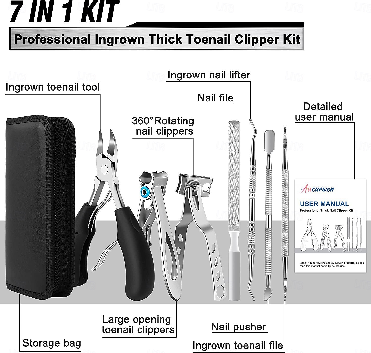 7-teiliges Zehennagelknipser-Set für Senioren mit dicken Zehennägeln, robuster Nagelknipser mit langem Griff für Erwachsene, Werkzeugset für eingewachsene Zehennägel, großer Zehennagelschneider aus 2025 - $23.99 –P2