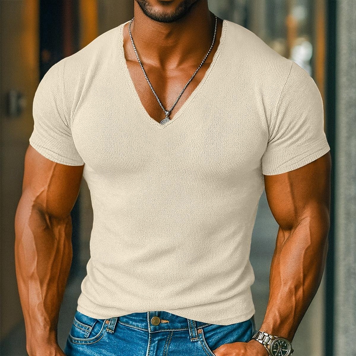 Men's T Shirt Knit Tee Tee Top Short Sleeve V Neck Summer Solid Color Fashion Designer Basic Knitted Vacation Street Casual Light Blue Yellow Beige Top Tee for Men 2025 - $17.99 –P5