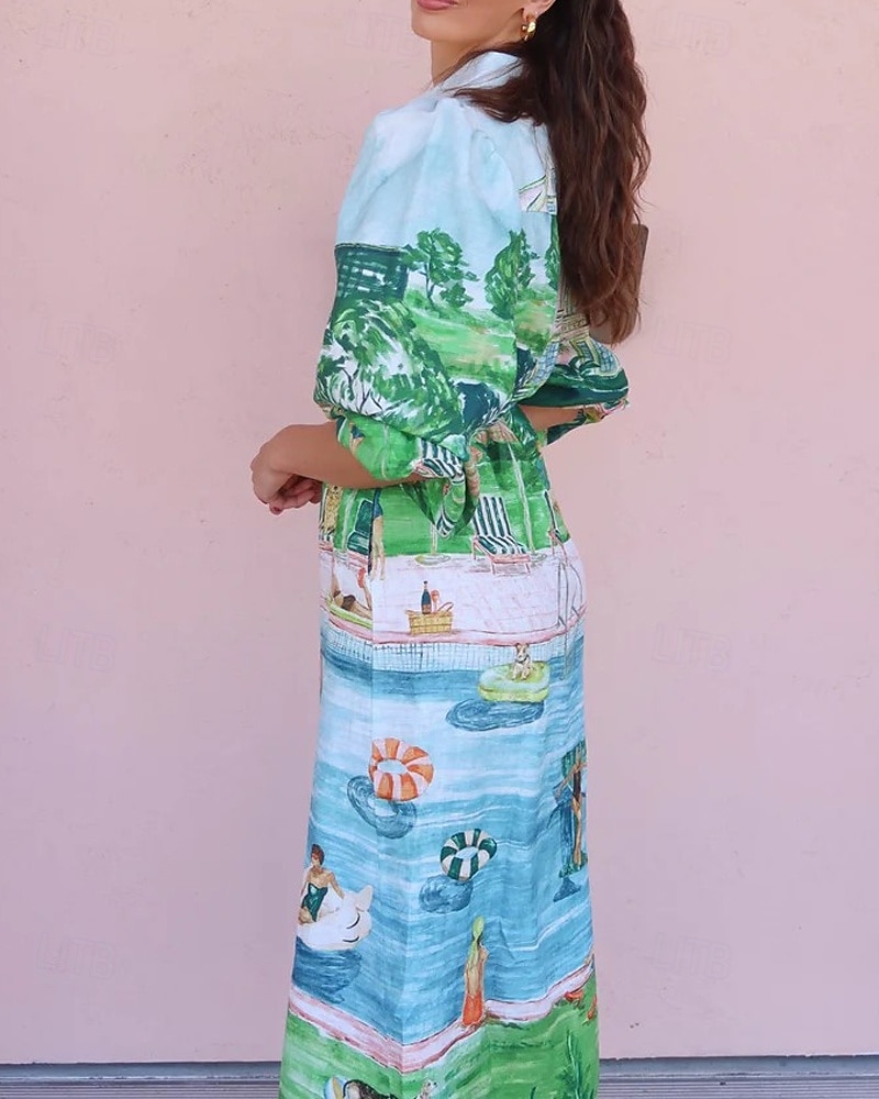 Pentru femei Rochie Lunga Rochie Maxi Rochii de in bumbac Rochie casual Modă În aer liber Petrecere Concediu Fit regulat Decor Lungime Manșon 3/4 Guler Cămașă Trifoi Vară 2025 - $42.99 –P3