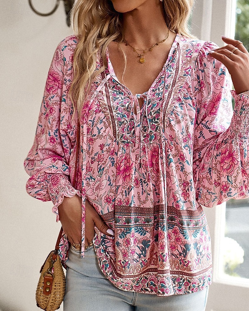 Women's Boho Shirt Blouse Flower Modern Boho Long Sleeve V Neck Regular Tops Daily Going out Print Yellow Pink Navy Blue Blue Orange Summer 2025 - $22.99 –P6