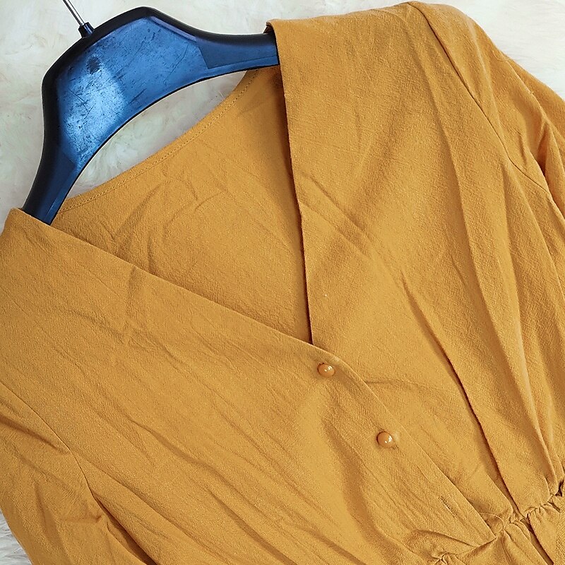 Per donna Abito Midi Abito in cotone e lino Abito Boho Classico Moderno All'aperto Vacanza Quotidiano Vestibilità regolare Semplice Manica Lunga Scollo a V Giallo Estate del 2025 a $29.99 –P5