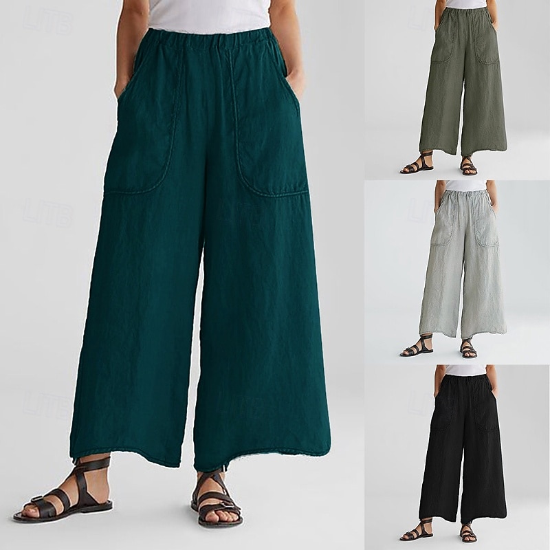 Mujer Pantalones de lino y algodón pantalones Moda Ropa de calle Longitud total Cintura Media Plano Bolsillo Cintura elástica Confortable Al Aire Libre Cómodo Vacaciones Noche Negro Verde Ejército 2025 - $24.99 –P1