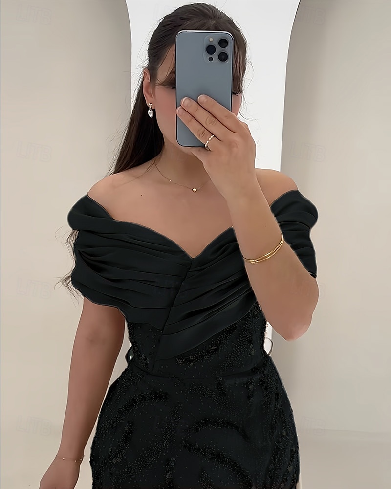 A-Linien Abendgarderobe Elegantes Kleid Formelles Hochzeitsbodenlanges Kurzarm Off-Shoulder Satin mit Glitzer Raffung Kristalle 2025 - $159.99 –P6