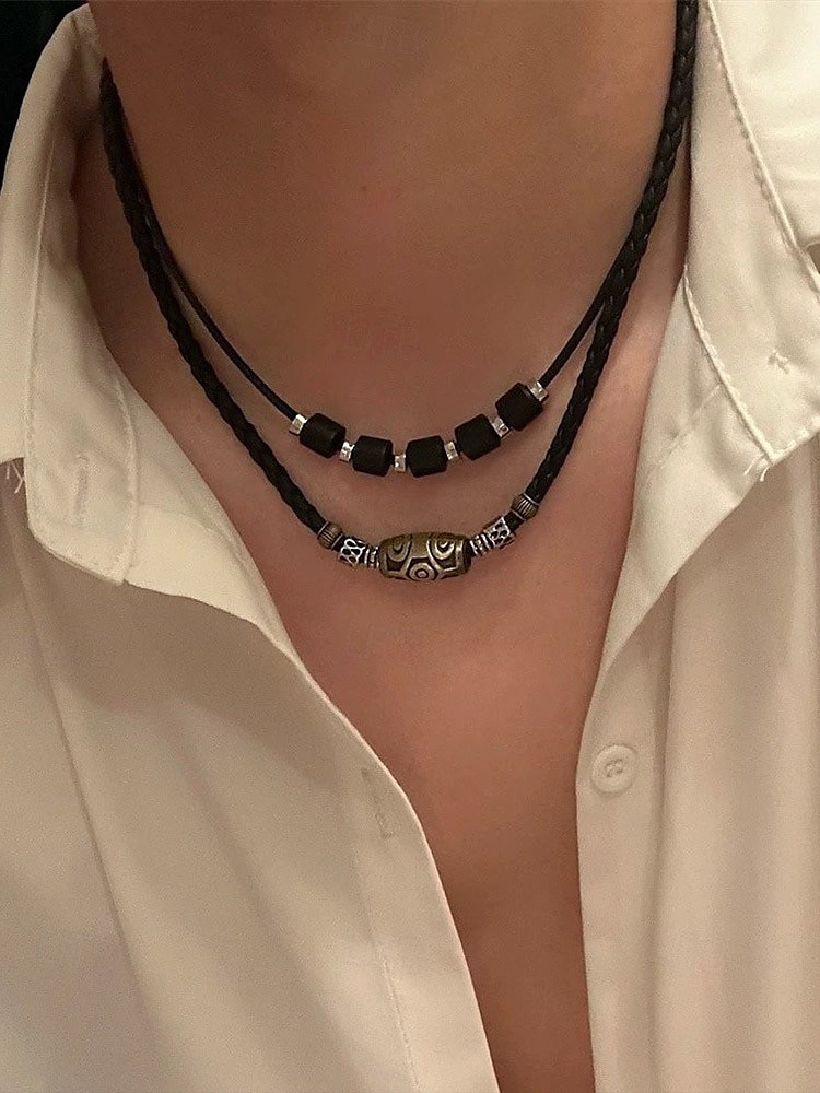 Σετ ανδρικού κολιέ με πλεγμένο δέρμα – boho tribal στυλ με κράμα και ξύλινες χάντρες για casual ντύσιμο, φεστιβάλ και ταξίδια 2025 - $9.99 –P1